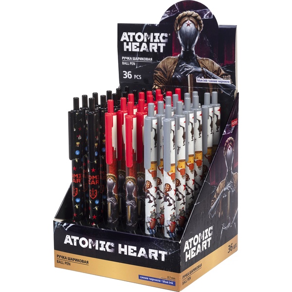 Ручка шариковая автомат., синяя, 0.7 мм, круг. корпус, HATBER Atomic Heart_3 дизайна (дисплей) Ручка шариковая автомат., синяя, 0.7 мм, круг. корпус, HATBER Atomic Heart_3 дизайна (дисплей)