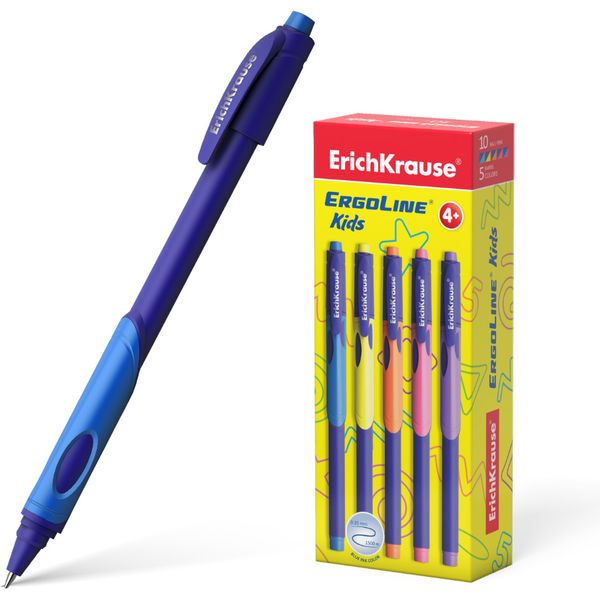 Ручка шариковая синяя, 0.7 мм, эрг. грип, ErichKrause ErgoLine_Kids Stick&Grip Neon_5 дизайнов