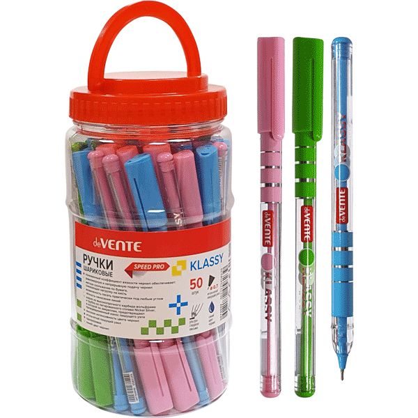 Ручка шариковая, синяя, Ø 0.7 мм "игла", круг, прозр. корп., speed pro, одноразовая, deVENTE Klassy_3 дизайна