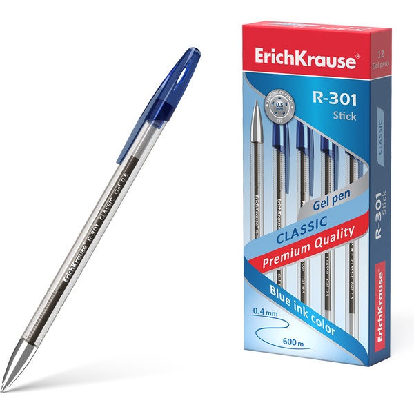 Ручка гелевая синяя, 0.5 мм, узел Standard, рифл. грип, ErichKrause R-301 Gel Stick Classic Ручка гелевая синяя, 0.5 мм, узел Standard, рифл. грип, ErichKrause R-301 Gel Stick Classic