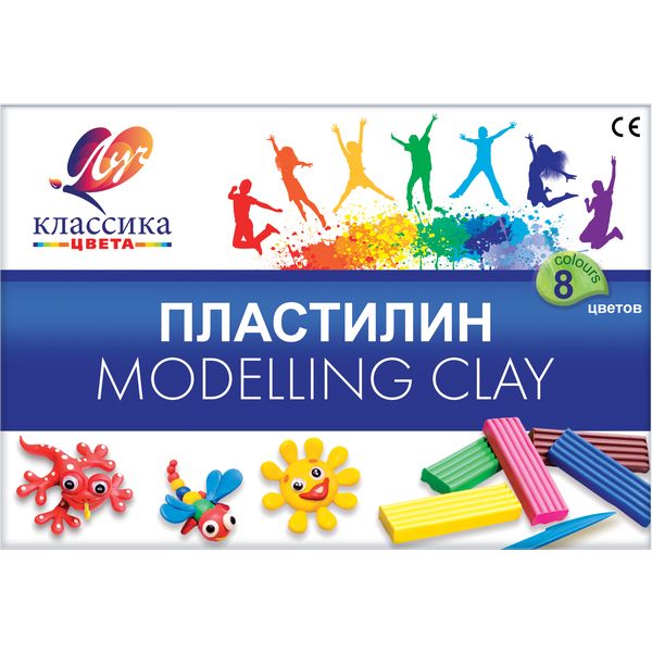 Пластилин классический ЛУЧ Классика цвета: 8 цветов, брусок 20 г, стек (к/к)