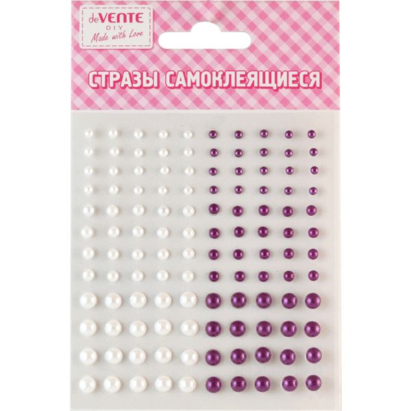 Стразы самоклеящиеся, карточка 95*105 мм (разный р-р), цв.: белый/пурпурный, deVENTE Жемчуг