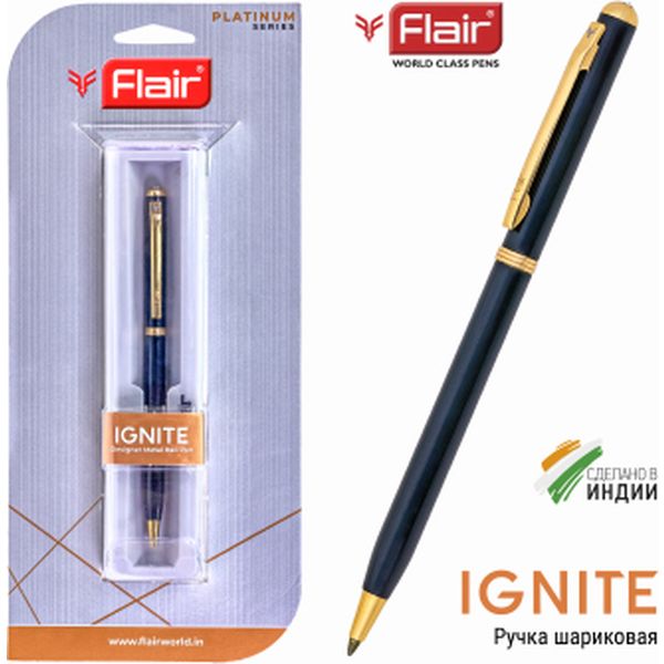 Ручка шариковая подарочная Flair Ignite, поворотный м-м, цв. корпуса черный/золото, 0.8 мм, синяя (футляр) Акция!
