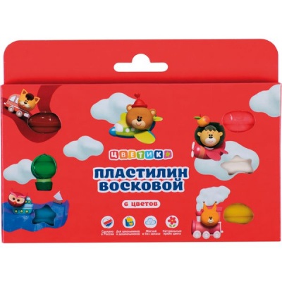 Пластилин восковой ЦВЕТИК: 6 цветов, брусок 15 г, стек (к/к)