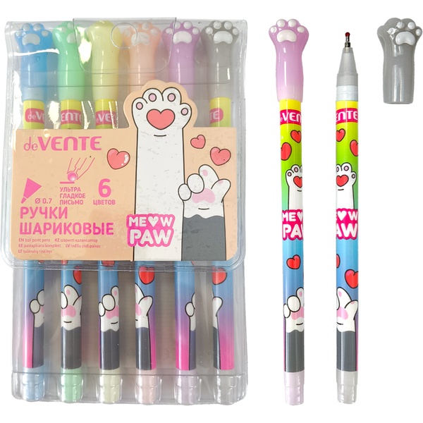 Ручки шариковые, набор 6 шт./6 цв., Ø 0.7 мм, круг. корп. фигурн. колпачок, deVENTE Meow Paw