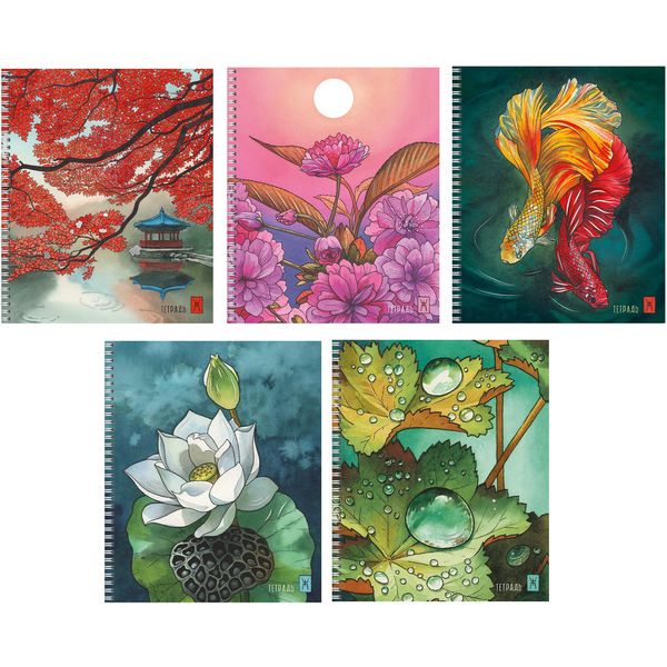 Тетрадь А5, клетка, 80 л., на гребне, 60 г/м², тисн. ф., Listoff Акварельные сюжет_5 дизайнов