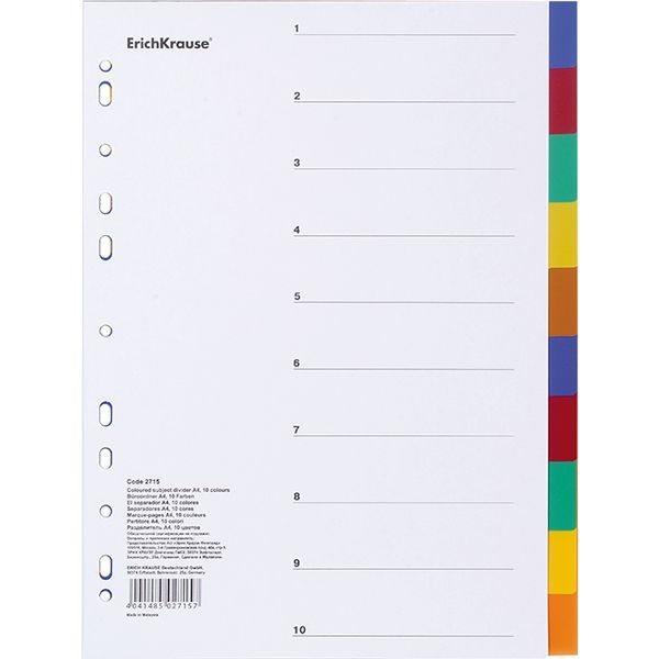 Разделитель листов А4, по цветам 10 цв., PP 120 мкм, ErichKrause