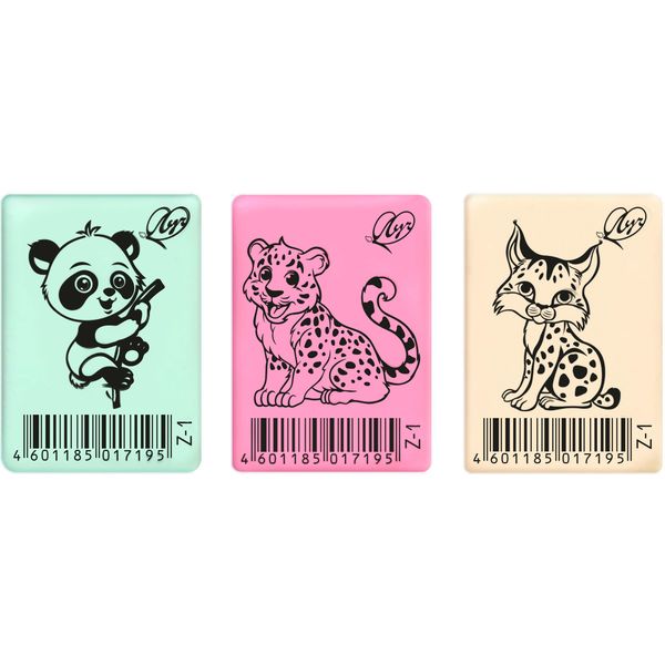 Ластик ЛУЧ Zoo Z1, TPR, прямоугольный, 35*25*8 мм, пастельный, 3 дизайна