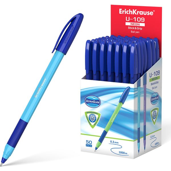 Ручка шариковая синяя, 1.0 мм "игла", эрг. грип, ErichKrause U-109 Stick&Grip Neon_4 дизайна
