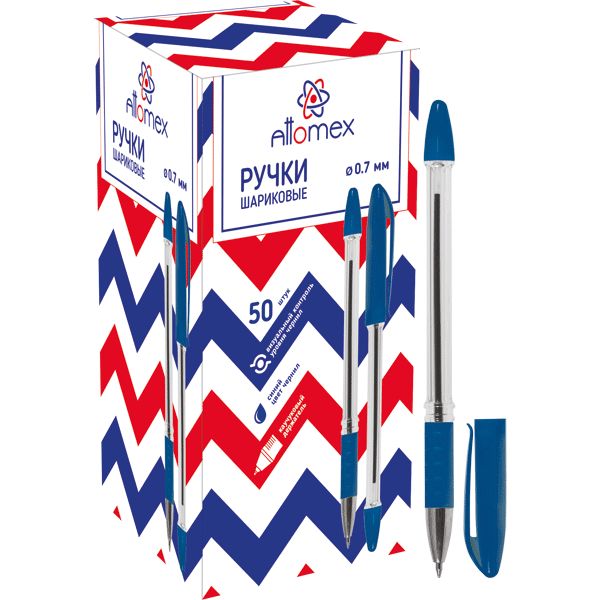 Ручка шариковая, синяя, Ø 0.7 мм, прозр. корп., эрг. грип, Attomex