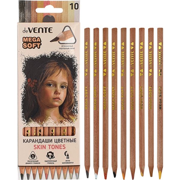 Карандаши цветные 10 шт., деревянные, трехгранные, 4М, deVENTE Skin Tones/Телесные оттенки Карандаши цветные 10 шт., деревянные, трехгранные, 4М, deVENTE Skin Tones/Телесные оттенки