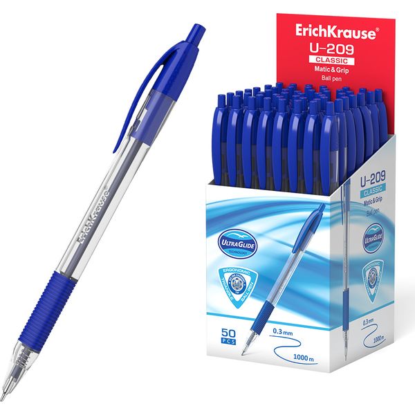 Ручка шариковая автомат., синяя, 1.0 мм "игла", эрг. грип, ErichKrause U-209 Matic&Grip Classic