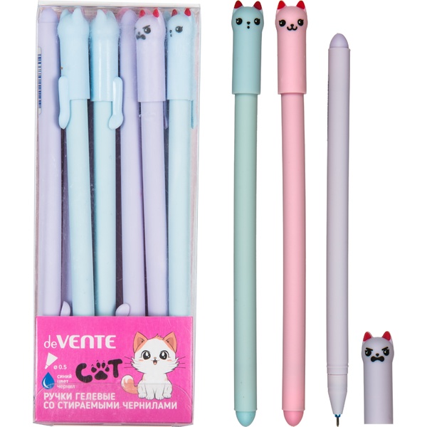 Ручка "пиши-стирай" гелевая, синяя, 0.5 мм, круг. корпус, сменный стержень, deVENTE Cat_3 диз